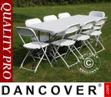 Party package, 1 folding table (182 cm) + 8 chairs, Light grey/White
