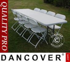 Party package, 1 folding table (242 cm) + 8 chairs, Light grey/White